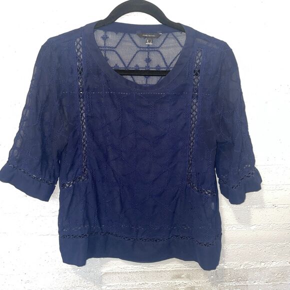 Cortefiel Tops - Cortefiel Women's Blue Sheer Top, Feminine Preppy Lace, S